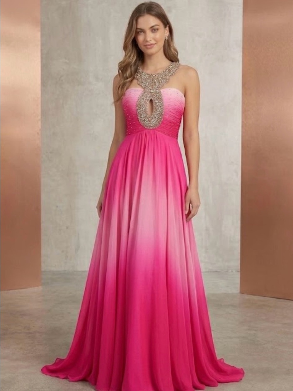 Sherri Hill 🩷 Vibrant Pink Ombré Jewel beaded silk chiffon maxi prom Dress 4